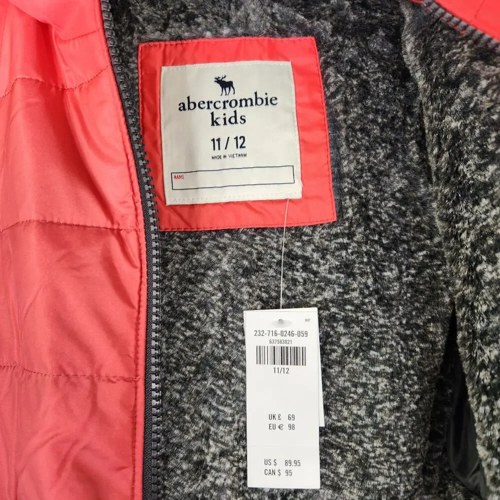 Abercrombie Red Ombre Cozy Puffer Hooded Jacket Boys Size 11/12 Sherpa Lined
